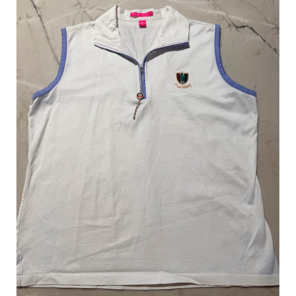 Peter Millar Pine Valley Golf Polo Sleeveless White Blue Quarter Zip Top Women M
